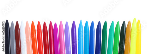 Colorful crayons on white background.