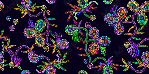 Sequins. Fashion horizontal seamless pattern. Jewelry background. Template for clothing, fabric. Embroidery art. Fashionable design for dresses, handkerchief, clothes.Realistic precious flowers