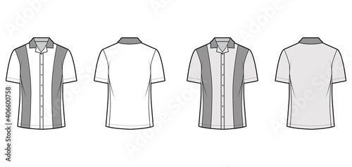 Shirt bowling technical fashion illustration with short sleeves, open collar, tunic length, oversized uniform. Flat apparel top template front, back, white, grey color. Women men unisex CAD mockup