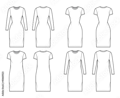 Set of T-shirt dresses technical fashion illustration with crew neck, long and short sleeves, knee length, oversized and fitted. Flat apparel template front, back, white color. Women, men CAD mockup