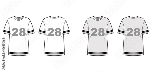 T-shirt American football technical fashion illustration with raglan short sleeves, tunic length, crew neck, oversized. Flat apparel top template front, back, white, grey color. Women men CAD mockup