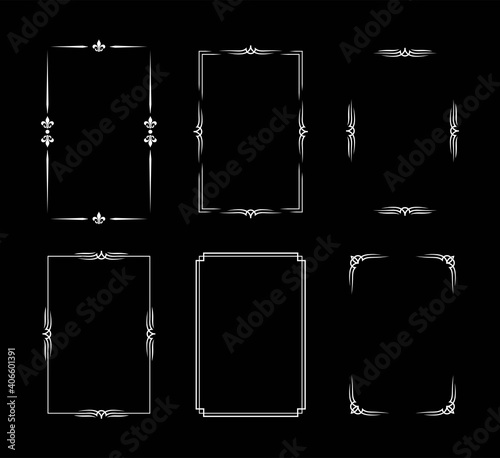 Set of white vintage borders in silent film or art deco style isolated on black backgrounds. Vector retro design elements.