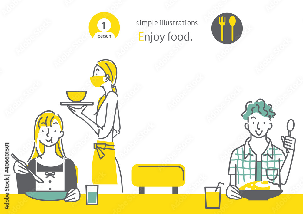 カフェでひとりで食事をする人のシンプルでおしゃれな線画のイラスト素材　個食の推奨