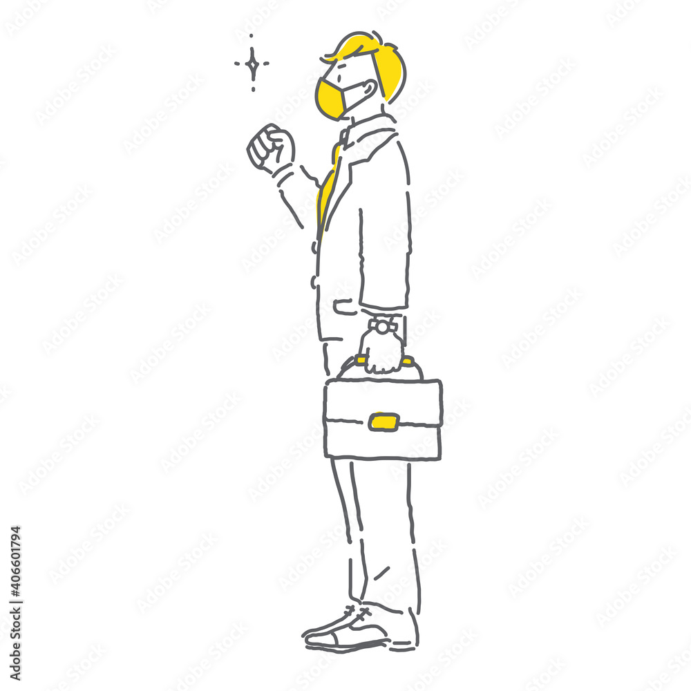 ガッツポーズで気合を入れるマスク着用のビジネスマンのシンプルな手描き線画イラスト Stock Vector Adobe Stock