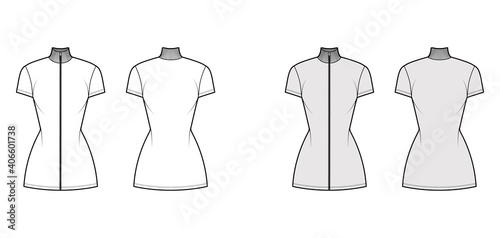 Turtleneck zip-up dress technical fashion illustration with short sleeves, mini length, fitted body, Pencil fullness. Flat apparel template front, back, white, grey color. Women, men unisex CAD mockup