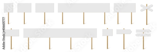 Signposts and banners with blank boards set. Wooden sticks with white signs vector illustration. Retro street direction posts isolated on white background. Simple empty information placards