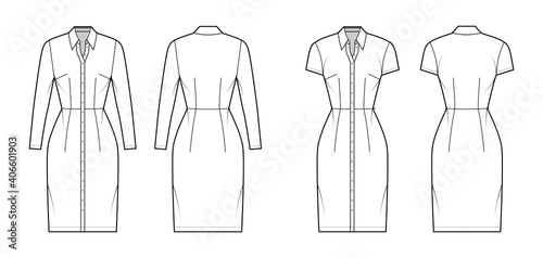 Shirt dress technical fashion illustration with classic collar, knee length, fitted body, Pencil fullness, button up. Flat apparel template front, back, white color. Women, men, unisex CAD mockup