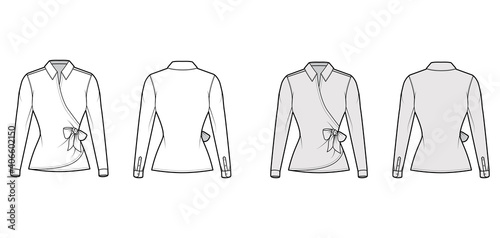Shirt wrap technical fashion illustration with bow tie closure, long sleeves, classic collar, fitted body. Flat blouse apparel top outwear template front, back, white, grey color. Women men CAD mockup