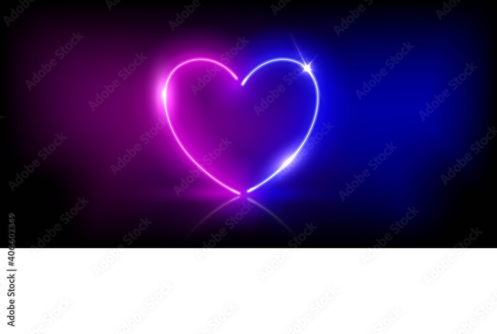 Neon heart shape or laser glowing pink and blue lines in fog background ...