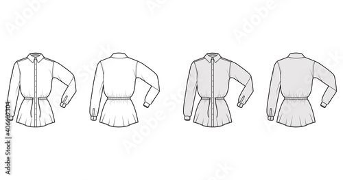 Shirt drawstring gathered waist technical fashion illustration with tie, elbow folded long sleeves, tunic length. Flat apparel top template front, back, white, grey color. Women men unisex CAD mockup