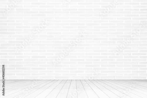 White Grunge Brick Room with Wooden Floor Background  Suitable for Presentation  Mock up  and Backdrop.