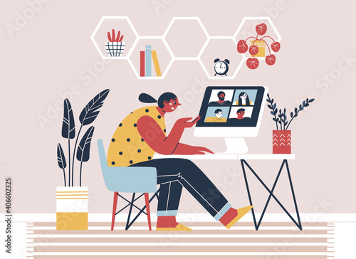 A woman communicates via video call with friends, colleagues via computer. Concept of videoconference and web communication. Team meeting online. Remote video conference call. Video conferencing.