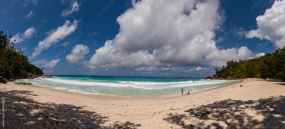 Panoramic views of Anse Georgette on the west coast of Praslin Island in the Seychelles 
