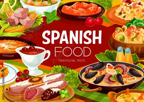 Spanish food cuisine menu paella and tapas seafood, vector restaurant gourmet meals. Spanish cuisine restaurant food dishes and sausages, pork raxo, gazpacho soup or potato mojo picon and roast lamb
