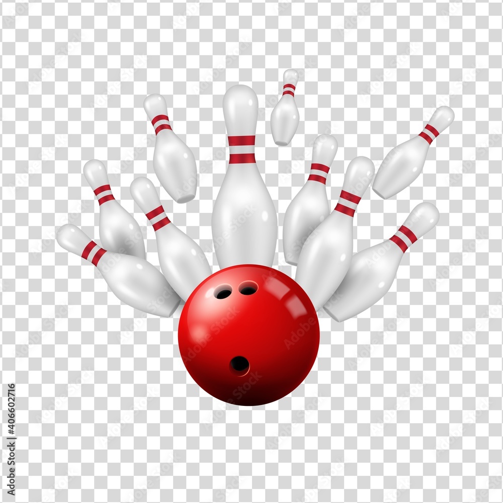 Bowling ball and skittles isolated on transparent background, vector ninepin strike on alley, bowling club sport and leisure entertainment center, realistic 3d red ball and skittle pins strike on lane Bowling ball and skittles isolated on transparent background, vector ninepin strike on alley, bowling club sport and leisure entertainment center, realistic 3d red ball and skittle pins strike on lane