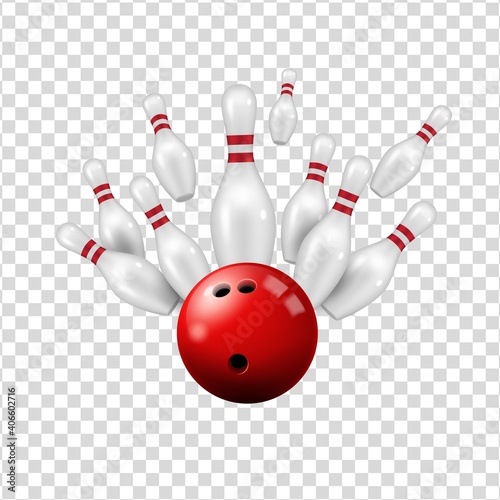 Fényképezés Bowling ball and skittles isolated on transparent background, vector ninepin str