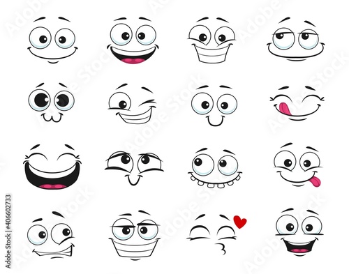 Face expression isolated vector icons, funny cartoon emoji dreaming, fall in love, laughing and smile. Facial feelings, emoticons kissing, happy and show tongue, toothy. Positive face expressions set