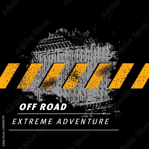 Off road extreme adventure vector design with grunge mud tire tracks of offroad car, truck, motorcycle, 4x4 or suv. Off road vehicle and race sport club, safari travel, rally and motocross competition