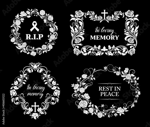 Funereal frames with floral ornaments and crosses. Funeral vector card border decoration with memorial, mournful obituary condolence. Sepulchral black plates with mourning ribbon and roses flowers