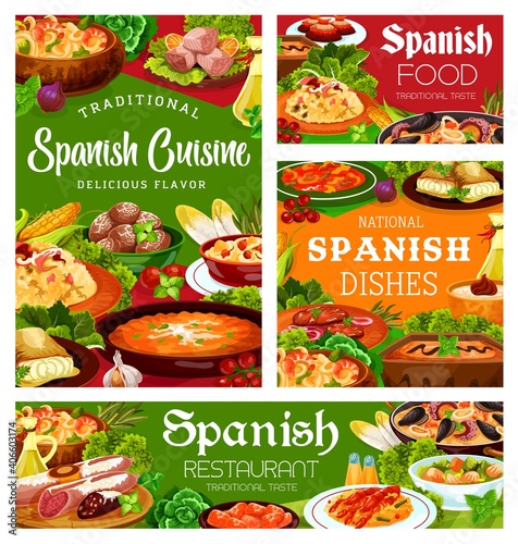 Spanish cuisine food, menu meals and dishes, Spain restaurant meat, paella and snacks tapas, vector. Spanish food seafood and fish paella, lunch and dinner, traditional sausages and pastry