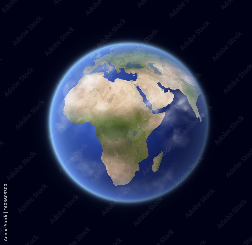 Realistic Earth globe, 3d vector planet of solar system. Earth sphere render with continents landscape, blue ocean surface and clouds. Astronomical object in deep space isolated on black background