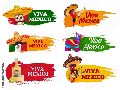 Viva Mexico isolated icons with chilli pepper musician characters, Mexican sombrero and pinata, Mexico flag, tequila, mariachi moustache and guitar. Mexican holiday and fiesta party greeting card
