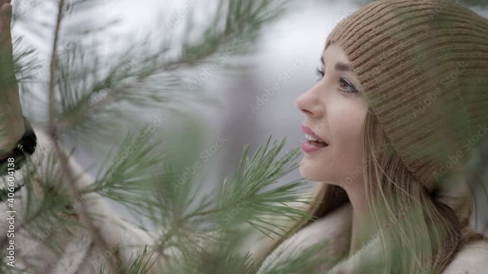 Portrait of an attractive blonde in a beautiful fur coat and a beige hat walking and posing near the Christmas tree branches, touching them. The model is located on the street on a snowy background. Portrait of an attractive blonde in a beautiful fur coat and a beige hat walking and posing near the Christmas tree branches, touching them. The model is located on the street on a snowy background.