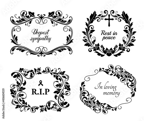 Funeral cards, vector vintage condolence floral wreaths, ornament with flourishes and obituary typography. Retro frames, obsequial memorial, funeral sorrowful borders or necrology monochrome templates
