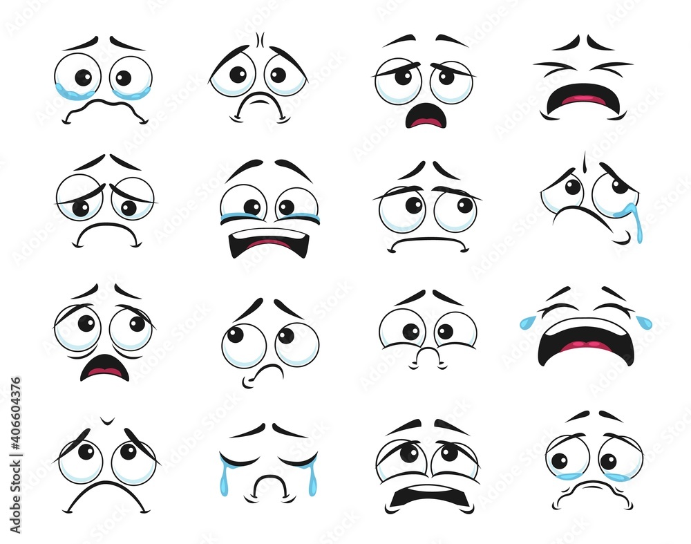 Cartoon faces with crying and weeping expression isolated vector icons,  negative emoji scared, sad and upset . Facial feelings with tears and wet  eyes, yelling and suffering, sadness emoticons set Stock Vector |