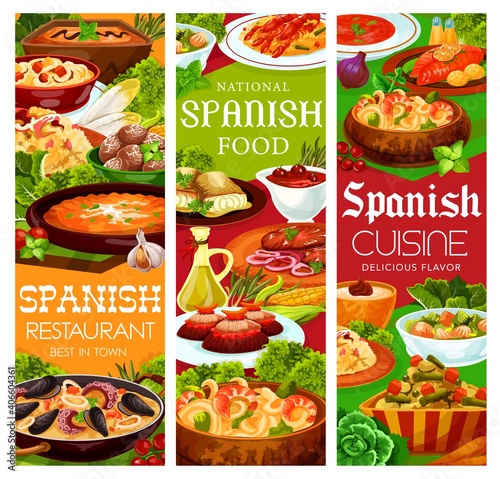 Spanish cuisine food menu paella seafood and tapas, vector snacks, soups and meat. Spain Mediterranean cuisine restaurant traditional lunch meals, pastry and gazpacho soup and Spanish sausages