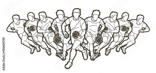 Group of Gaelic Football men players action cartoon graphic vector.