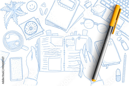 Notes of traveler doodle set. Collection of hand drawn tourist hands with notebook and memories, maps, starfish, smartphone, pencil, laptop and vacation symbols isolated on transparent background