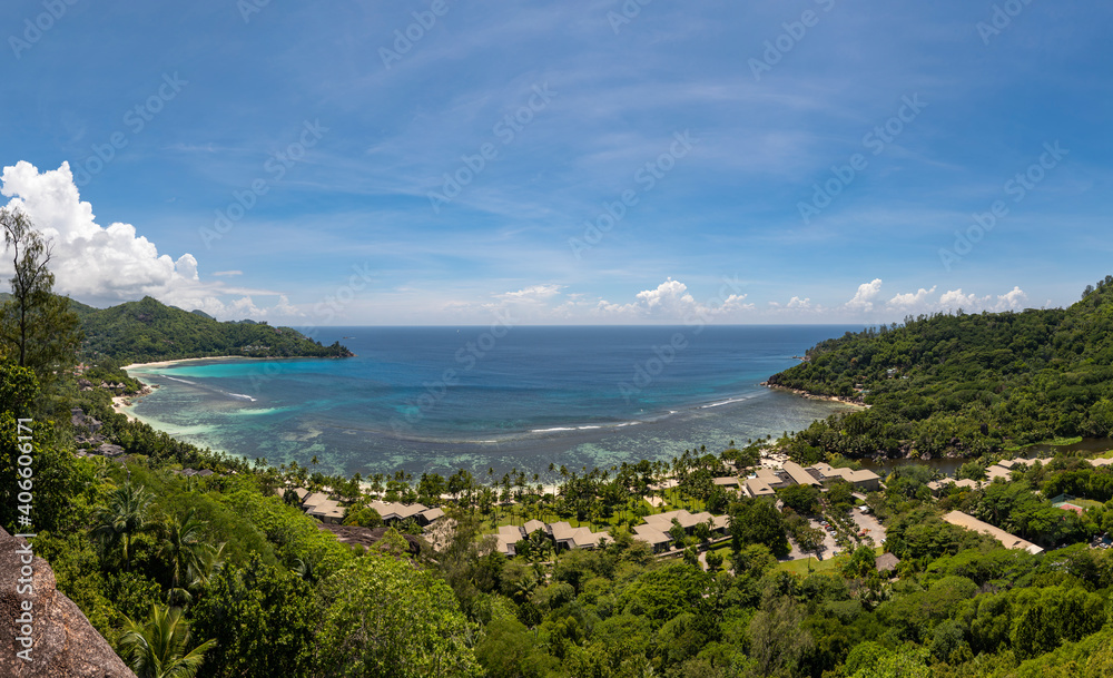 Elevated view of Baie Lazare on Mahe Island in the Seychelles