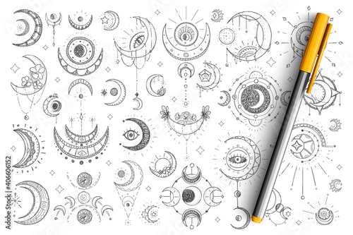 Spiritual and esoteric signs doodle set. Collection of hand drawn spiritual eyes, moons, stars and esoteric magical elements for occultism isolated on transparent background