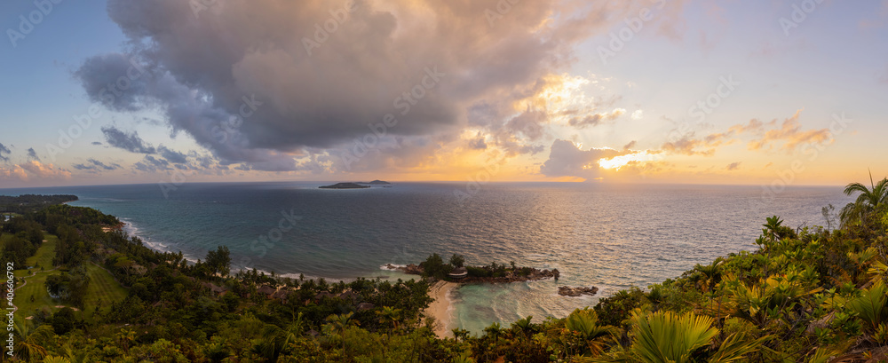 Sunset view over Pointe Ste Marie on the west coast of Praslin Island in the Seychelles