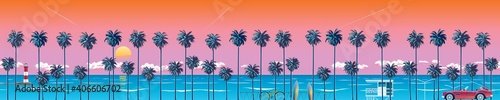 Beach with palm trees at sunset, turquoise ocean water and orange sky with clouds. A natural backdrop for a summer vacation. Surfing beach. EPS 10 vector illustration