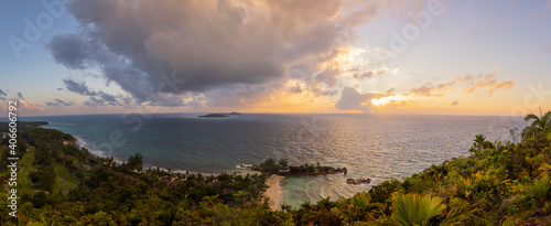 Sunset view over Pointe Ste Marie on the west coast of Praslin Island in the Seychelles