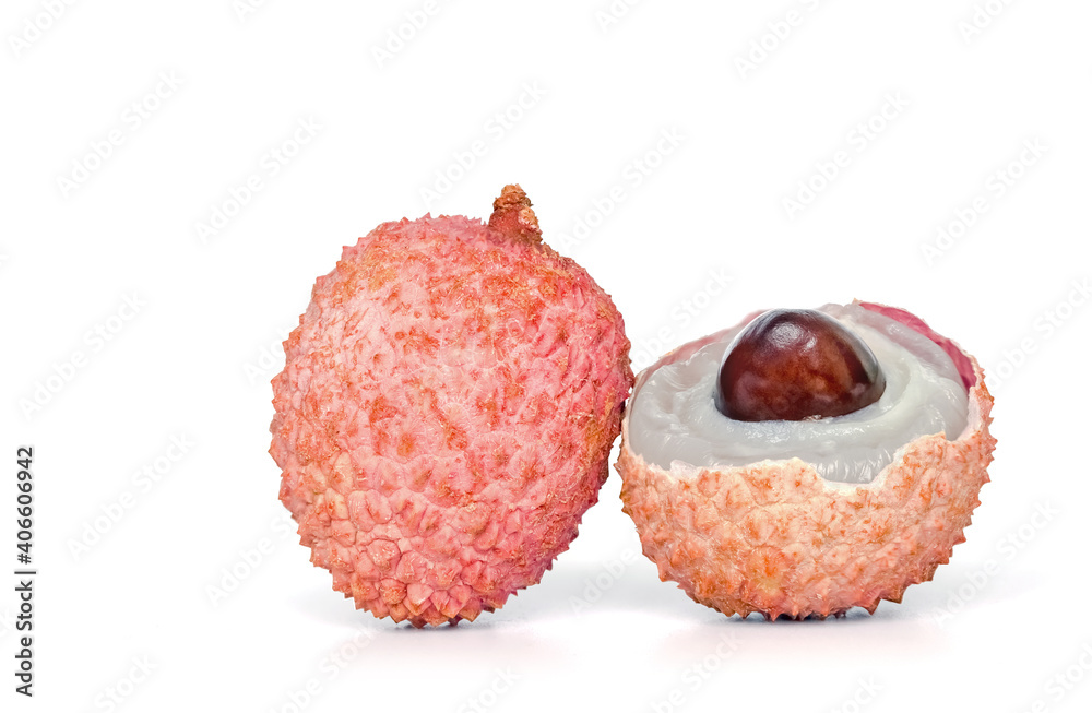Closeup of two lychees isolated on white ground. Closeup of two lychees isolated on white ground.