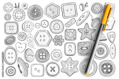 Various buttons for clothes doodle set. Collection of hand drawn buttons for sewing clothes accessories of different shapes and sizesisolated on transparent background