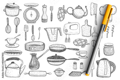 Kitchenware and utensils doodle set. Collection of hand drawn kettle, frying pan, mixer, knife, teapot, cutlery, cups and mugs, tableware, mitten and grill isolated on transparent background