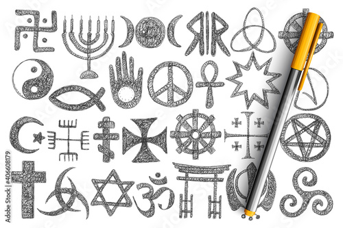 Various religious symbols doodle set. Collection of hand drawn cross, harmony and devil signs, stars, buddhism and muslim symbols isolated on transparent background. Illustration of holy signs