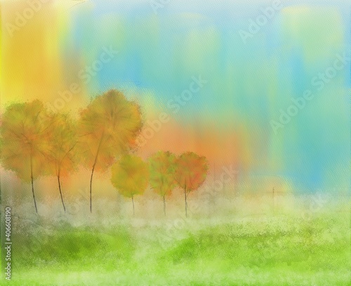 Autumn landscape and green meadow, watercolor drawing.