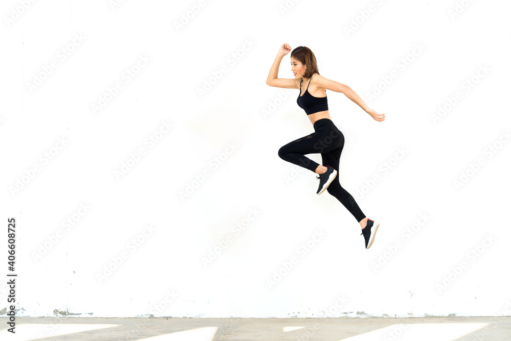 Jogging girl dressed in sportswear isolated on white background. Running woman. Sports active lifestyle theme. Sport fitness run training. World Health Day