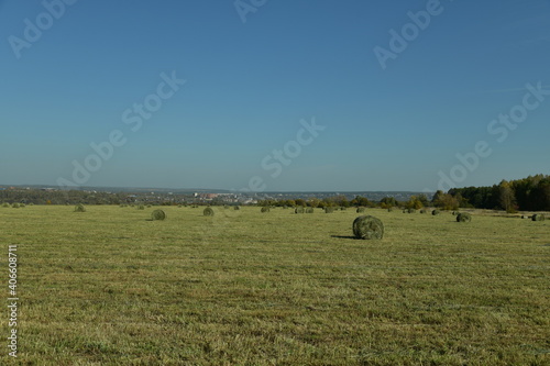 hay in rolls in a field near the city