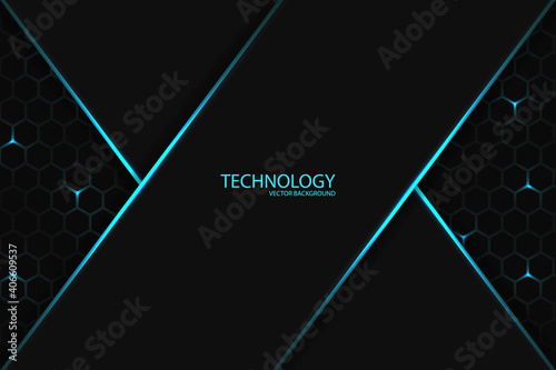 Dark technology hexagonal background. Blue bright energy flashing under the hexagon in dark tech modern abstract futuristic background illustration. Geometric shape on a honeycomb grid.