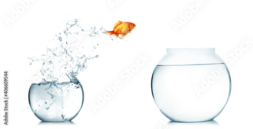 Valokuva A goldfish jumping out of the broken fishbowl on white background