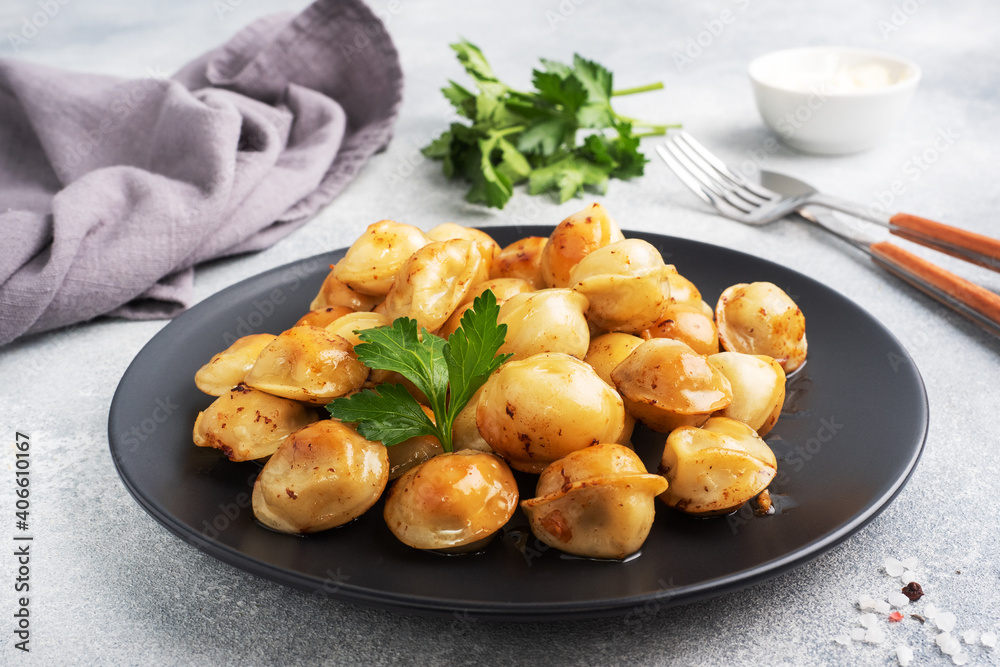 Traditional fried pelmeni, ravioli, dumplings filled with meat on black plate, russian kitchen. Gray concrete background, copy space. Traditional fried pelmeni, ravioli, dumplings filled with meat on black plate, russian kitchen. Gray concrete background, copy space.