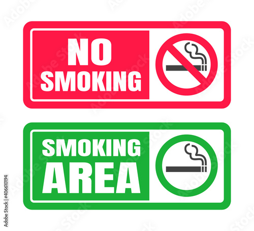 No smoking and smoking area sign set. Forbidden sign icon isolated on white background vector illustration. Cigarette, smoke and red or green warning circles.