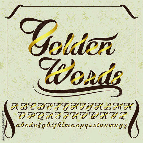 Golden words font design with script letters and gold ribbon