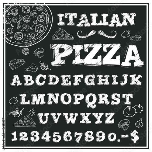 Italian pizza style font with scratched blackboard letters